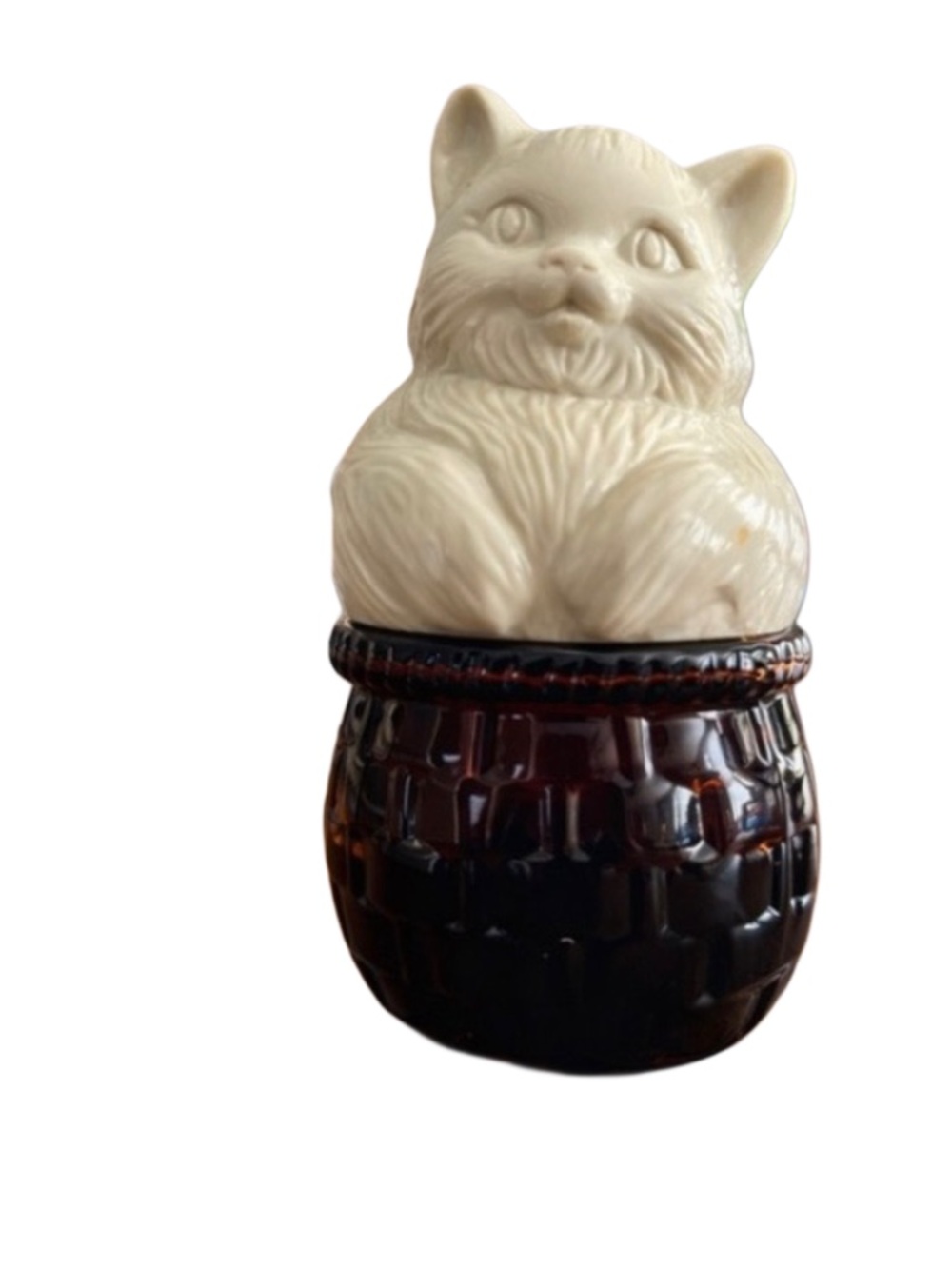 Vintage Avon Cat Milk Glass Jar Amber Base Cream Sachet Kitten Vanity Decor